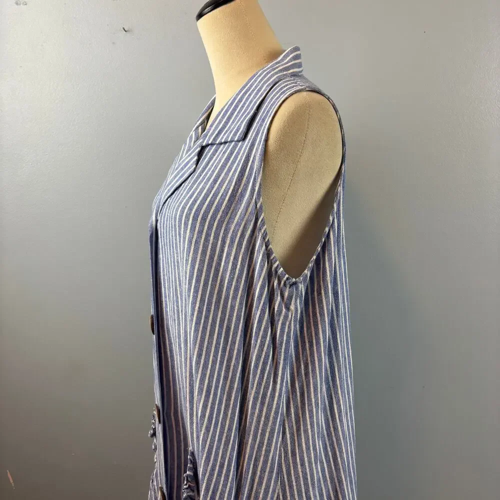 ForCynthia Striped Sleeveless Shirt Button Up Dress Linen Blend Ruched Pocket LG - Picture 6 of 10